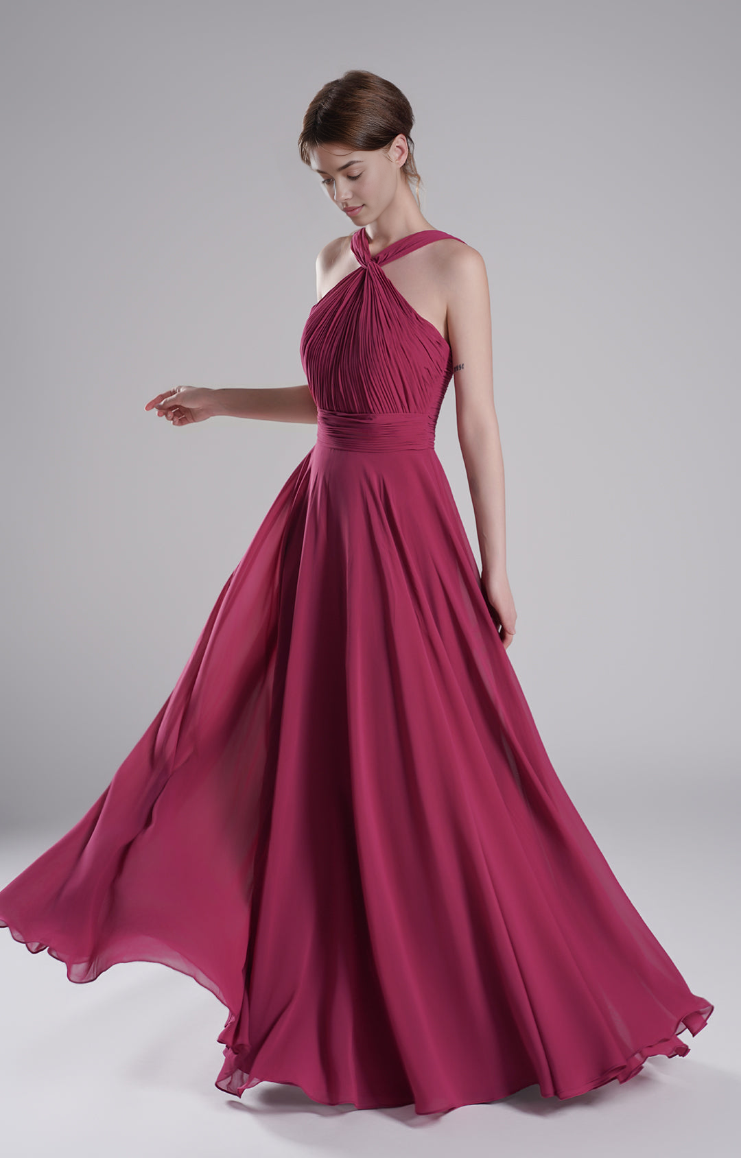 Romantic A-Line Halter Neck Sleeveless Open Back Floor-Length Chiffon Bridesmaid Gown Wedding Guest Dresses