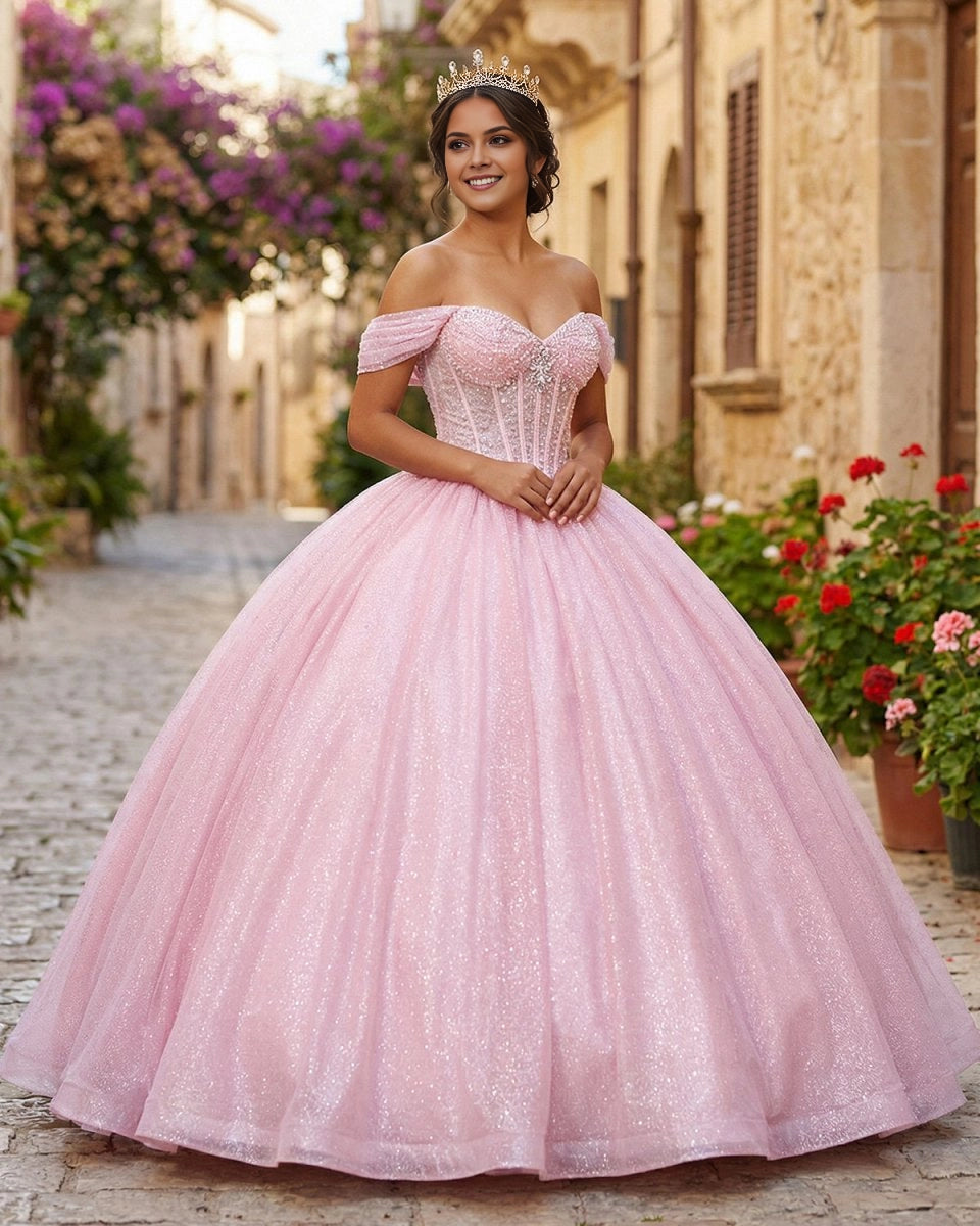 Lavender Ballgown Sweetheart Off-shoulder Lace-up Back Sweep Train Quinceañera Dress