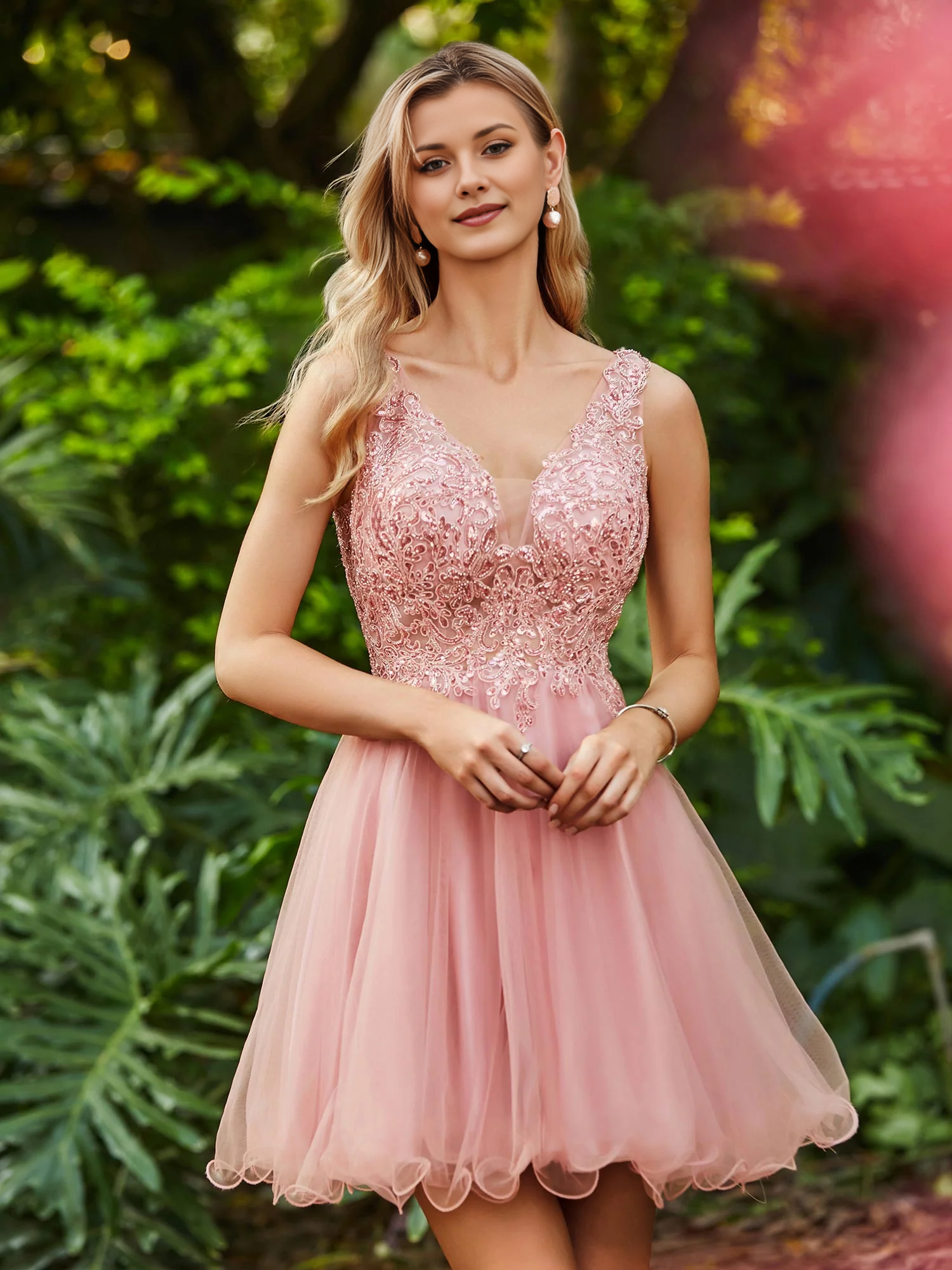 Blush Pink Beaded Lace Tulle Mini Dress - V-Neck Sleeveless Homecoming & Cocktail Dress with Ruffled Hem