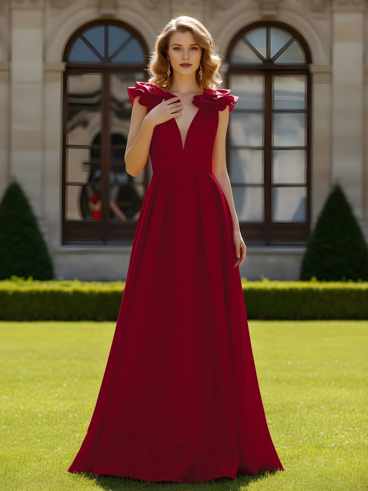 Deep V-Neck Ruffle Shoulder A-Line Floor-Length Formal Evening Gown