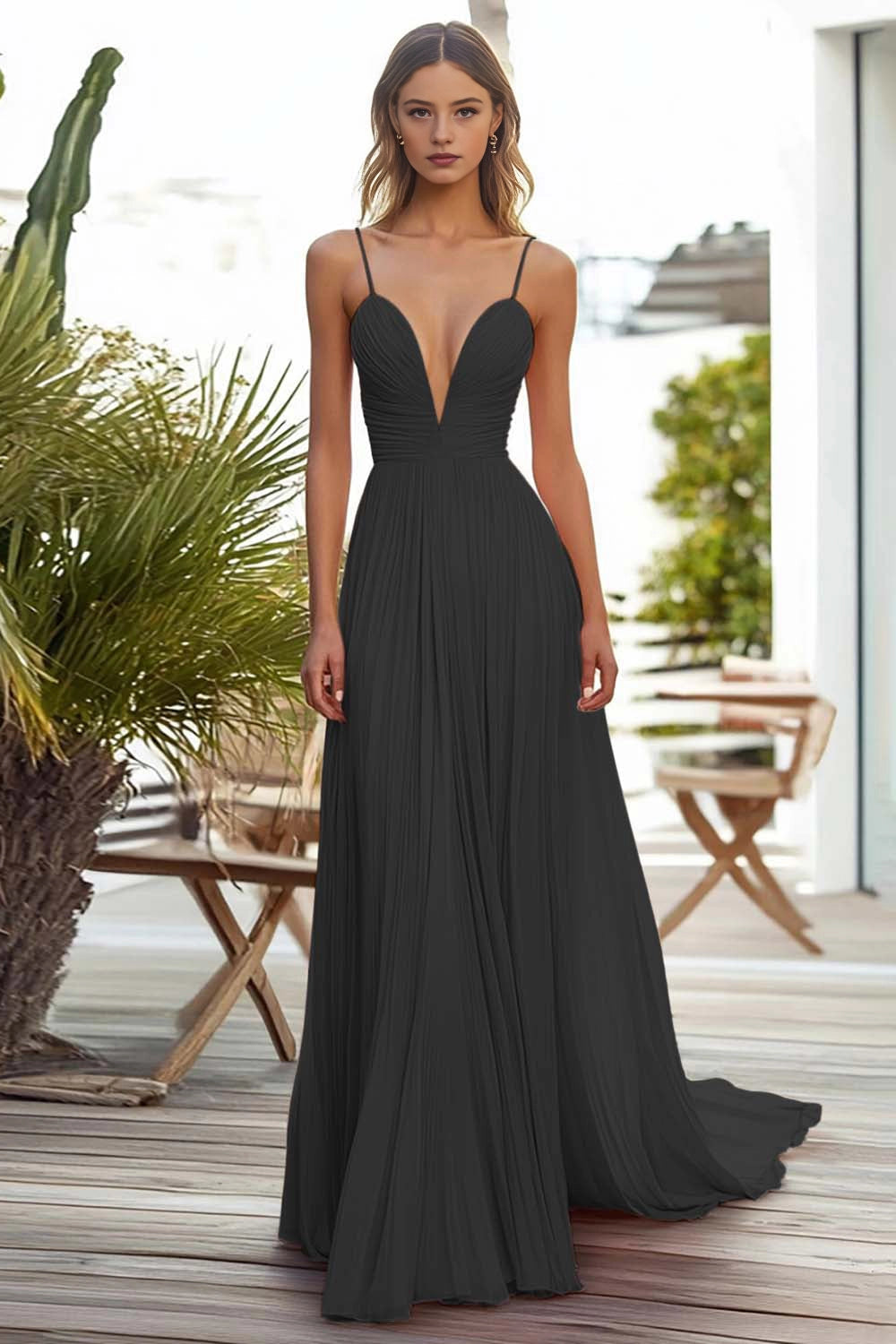Pleated A Line V Neck Straps Lace Up Back Train Maxi Wedding Guest Dress