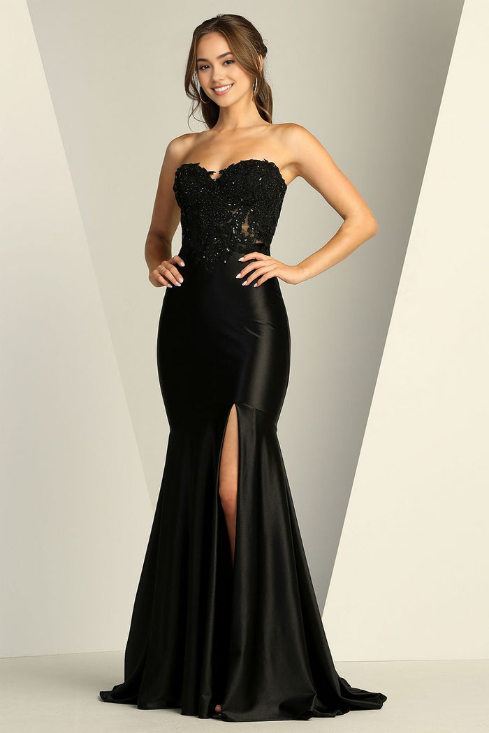 Vestido de noche de satén con forma de sirena sin tirantes, vestido de gala formal de encaje con apliques de encaje y abertura alta