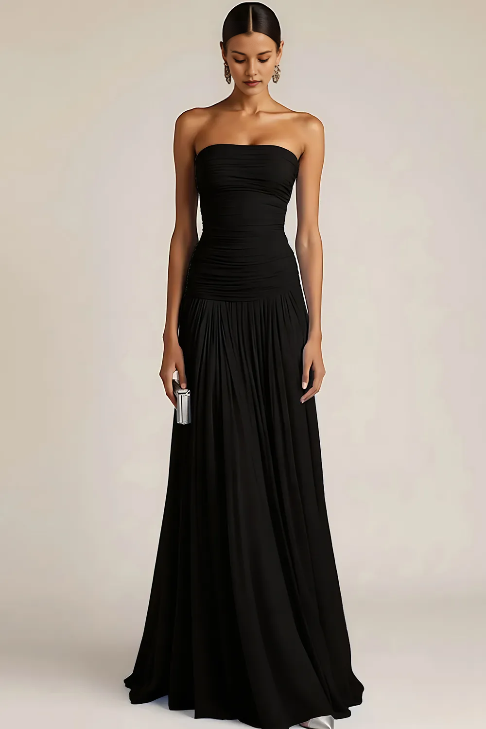 Strapless Ruched Bodice Chiffon A-Line Maxi Dress