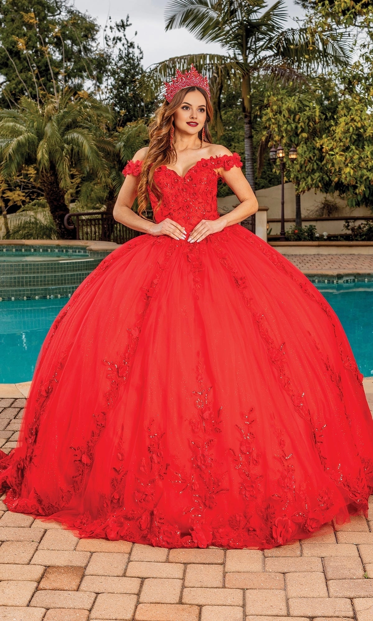 Floral Ballgown Off Shoulder Short Sleeve Corset‑Back Floor‑Length Quinceanera Dress