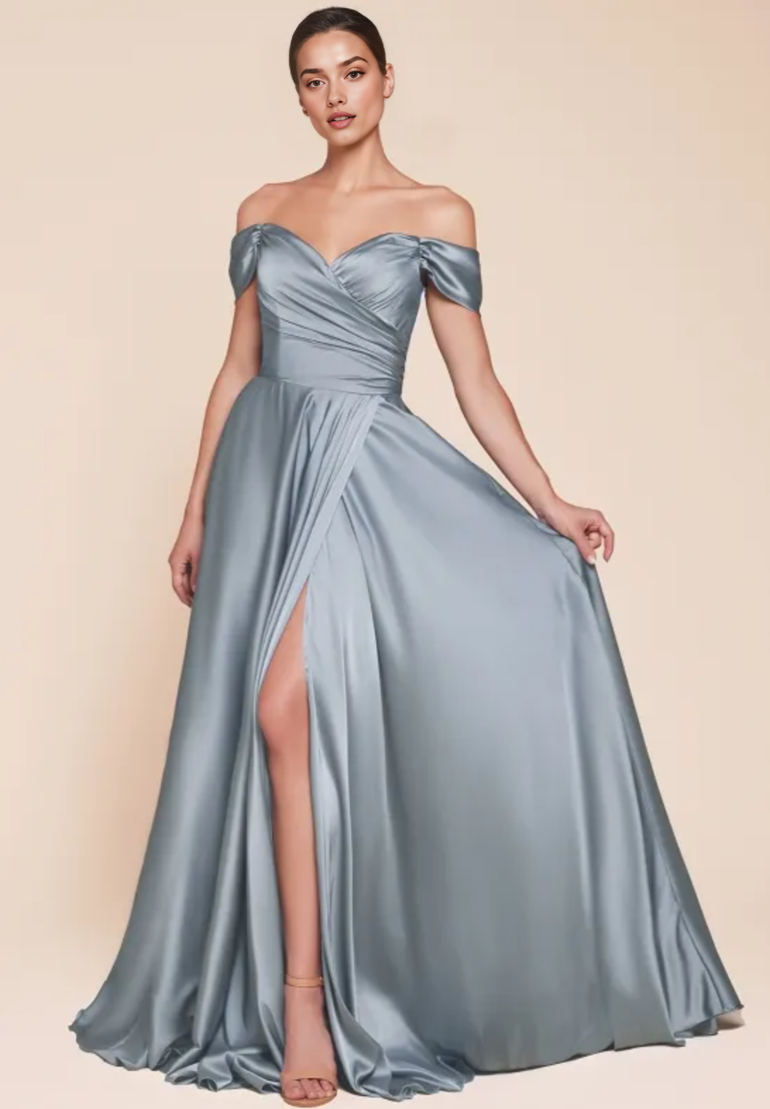 Elegant A-Line Floor length Satin Bridesmaid Dresses for Outdoor Off-Shoulder Satin Formal Gowns With Slit