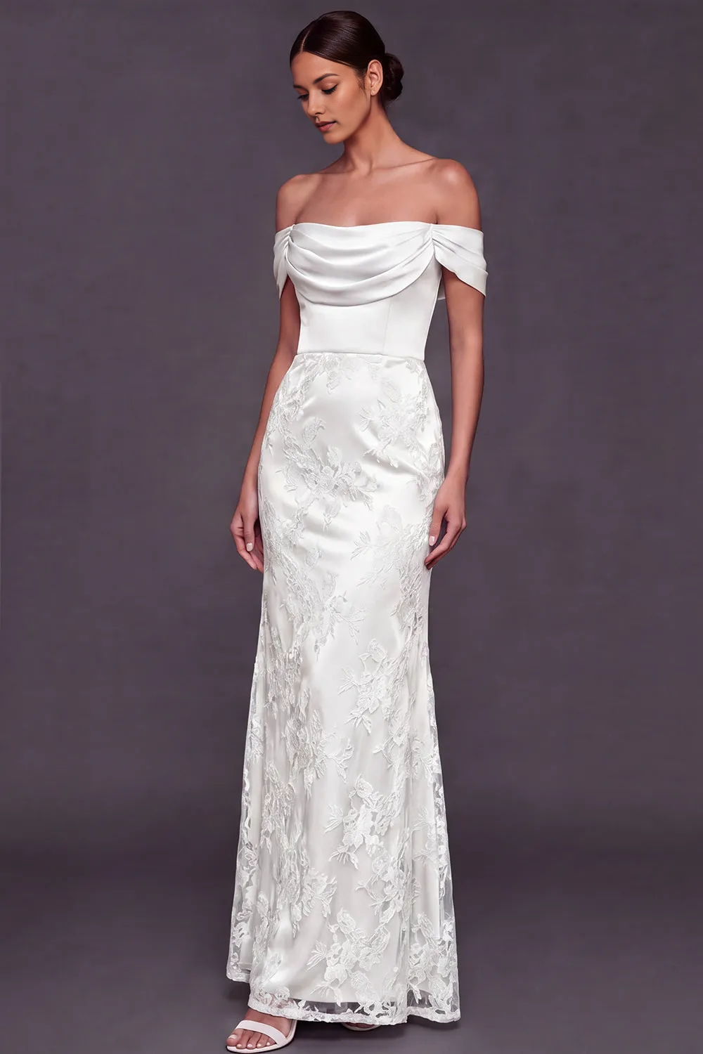 Off-The-Shoulder Draped Satin Lace Mermaid Maxi Bridesmaid Formal Dress