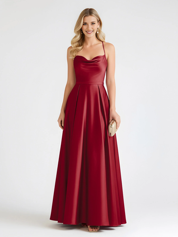 Spaghetti Strap Cowl Neck Satin A-Line Floor-Length Bridesmaid Dress with Crisscross Back