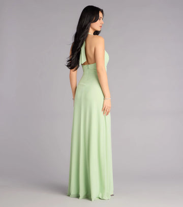 Back view Vedress sage green tie back halter prom dress a-line long formal gown