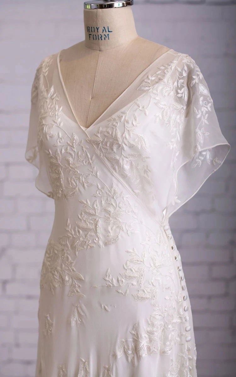 Soft A line V Flutter Sleeve V Back Floor Length Lace Wedding Dress