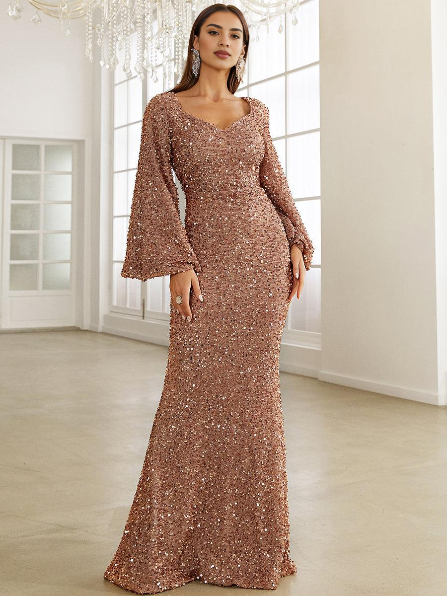 Women's Square Neck Sequin Mermaid Evening Gown with Flared Sleeves