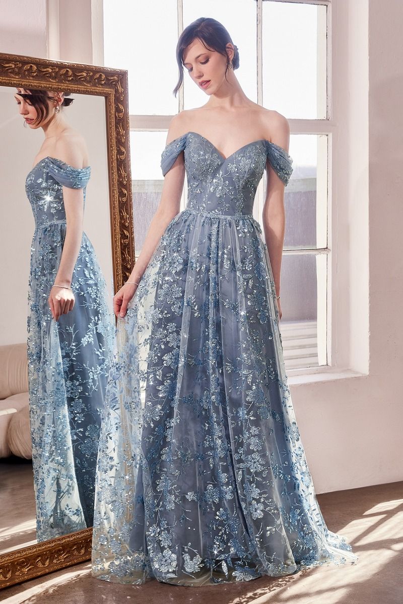 Floral Sequin Off-the-Shoulder Ball Gown - Deep V Formal Prom & Wedding Guest Dress