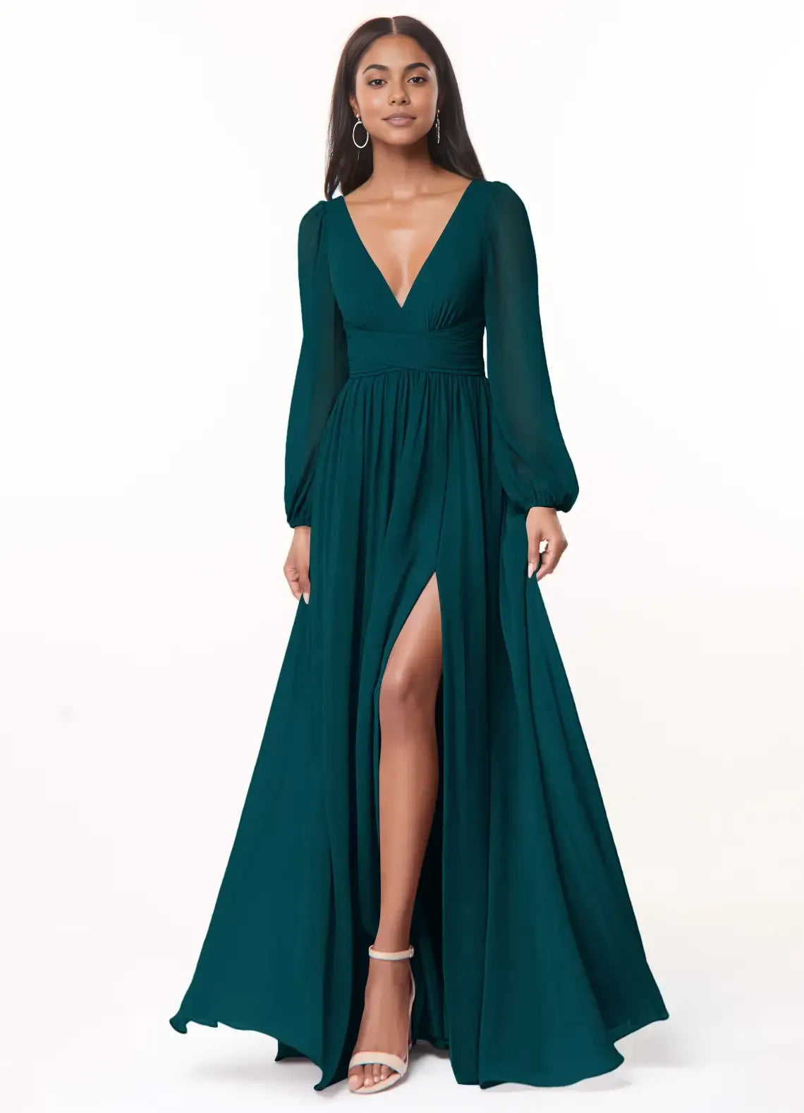 A-Line/Princess Chiffon Plunging Neck Long Sleeves Bridesmaid Dresses Wedding Guest Dresses With Slit
