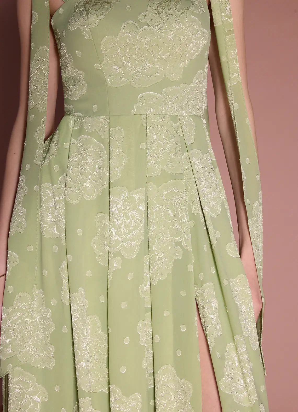 Elegant A-line Square Neck Sleeveless Jacquard Maxi Tie Slit Wedding Guest Dress