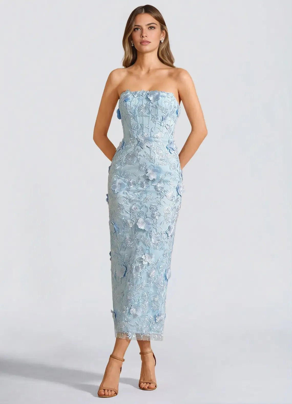 Glamorous Mermaid Strapless Sleeveless Lace Midi Back Zip Formal Wedding Guest Dress