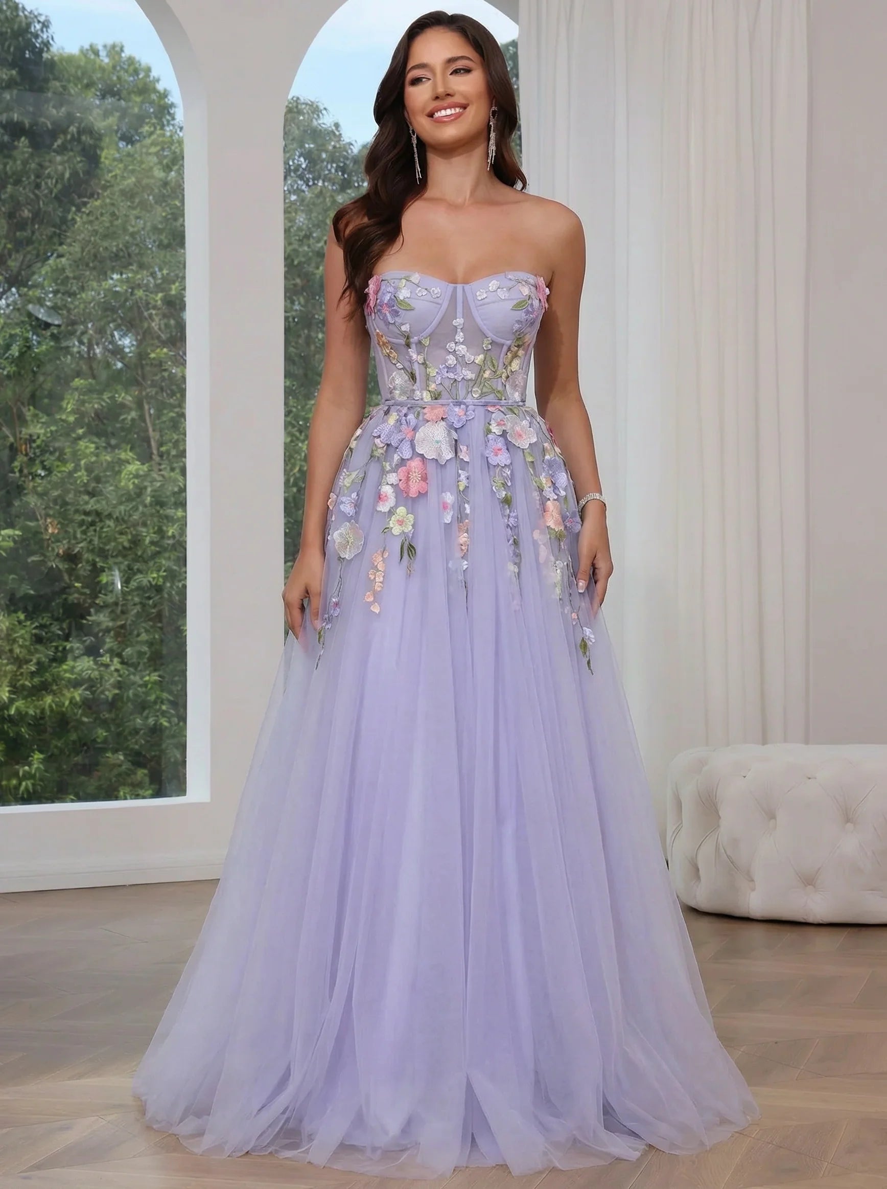 Vestidos de fiesta de tul con flores en línea A/corte princesa y escote corazón, vestido hasta el suelo con apliques florales