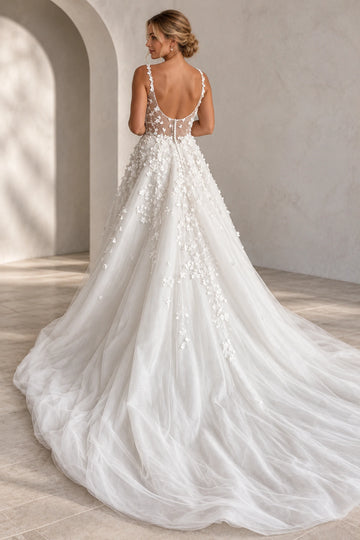 Vedress floral tulle wedding dress with a low U-shaped back, sheer bodice, covered buttons and a flowing train, back view