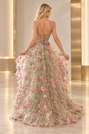Back view of a Vedress floral prom dress with angled spaghetti straps, a low lace-up back and a layered tulle skirt covered in pink flowers