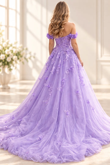 Back view of a Vedress lavender floral prom dress with a low zipper back, off-shoulder flower bands and a flowing embellished tulle train