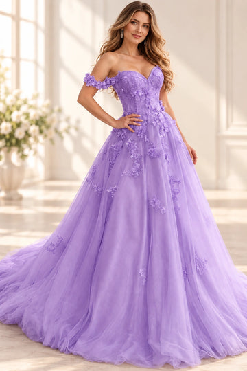 Front view of a Vedress lavender tulle prom dress with 3D floral appliques, a sweetheart neckline and flower-covered off-shoulder bands