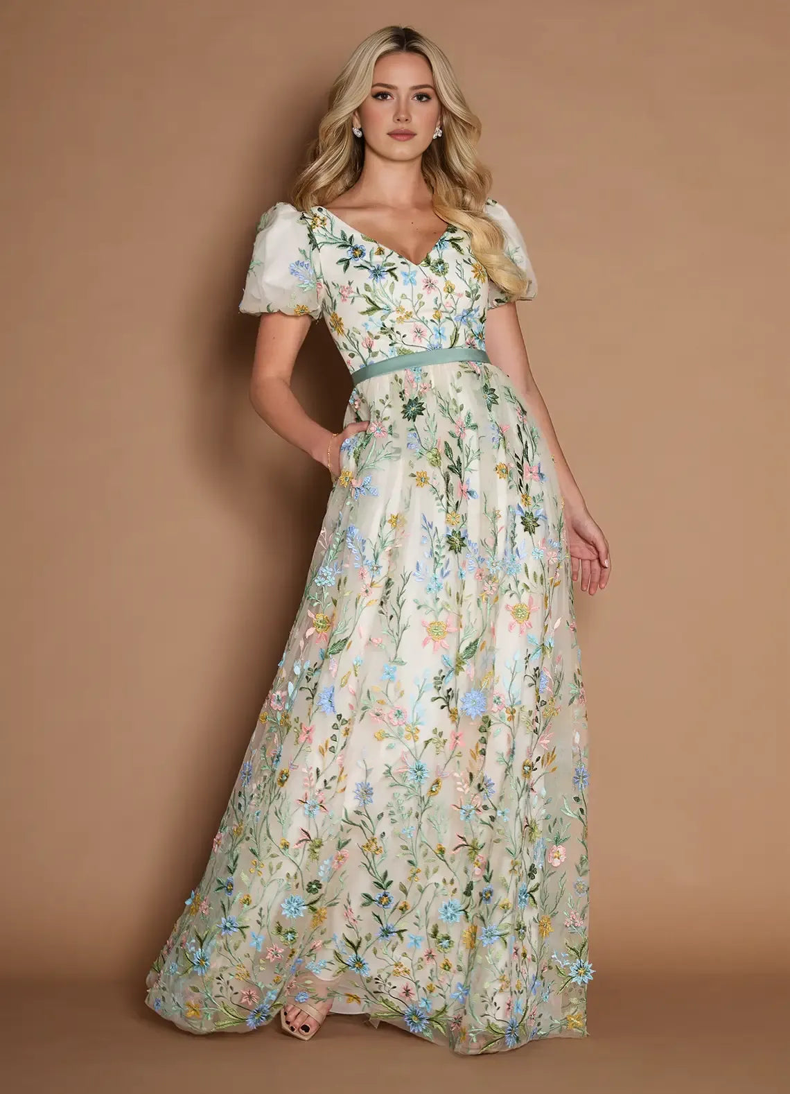 Dreamy Aline Vneck ShortSleeve Tulle Floor Length Waist band Embroidery Party Dress