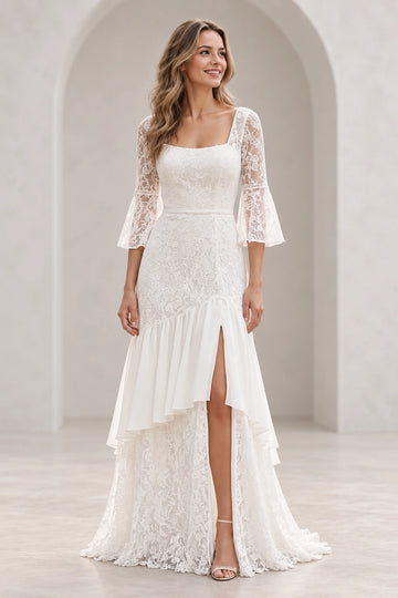 Vedress lace wedding dress with a square neckline, three-quarter bell sleeves, asymmetric ruffle and front slit, front view
