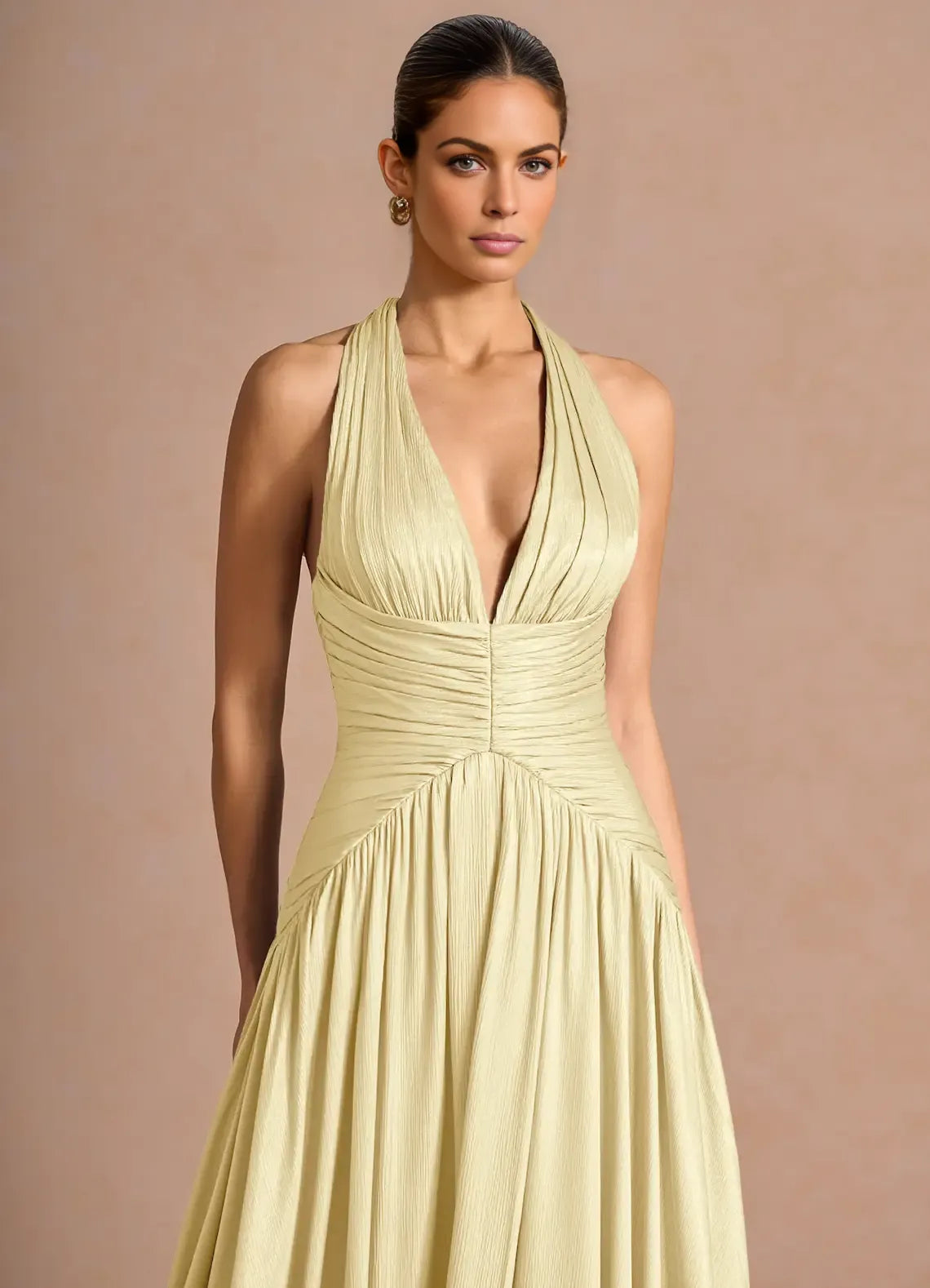 Elegant A-line Halter Sleeveless Maxi Lace-up Slit Formal Wedding Guest Dress