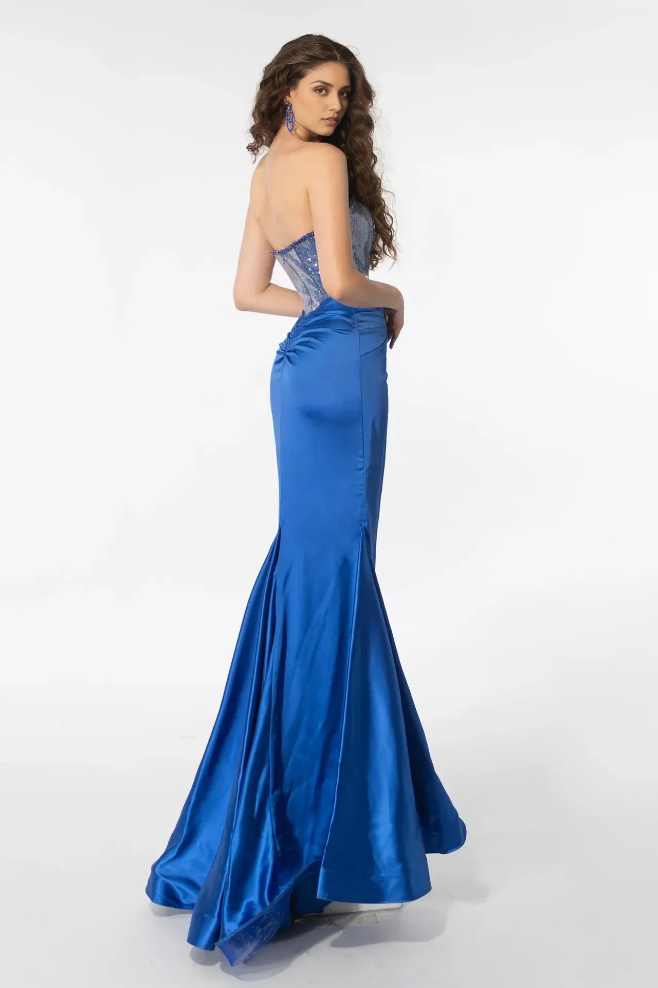 Glamorous Mermaid Plunging V-Neck Sleeveless Satin Sequin Corset Slit Prom Gown