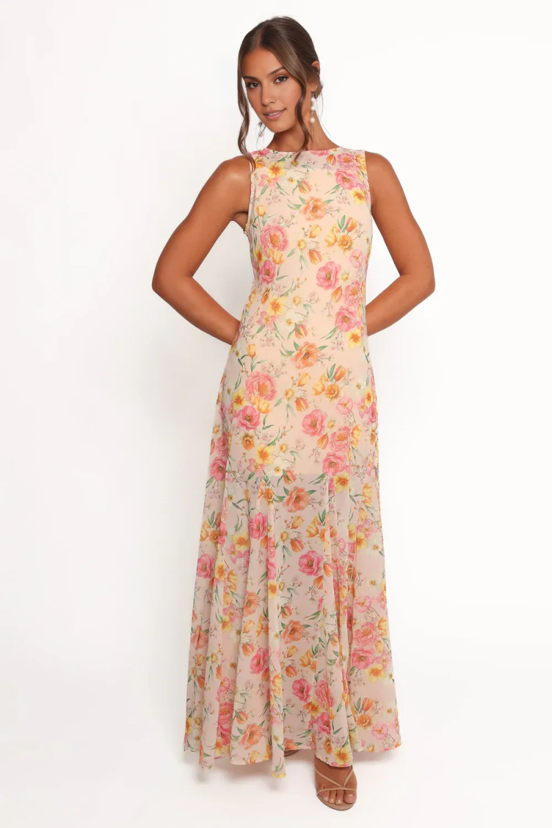 Floral Chiffon Maxi Dress Sleeveless Back Bow Flowy Long Dress for Wedding Guest