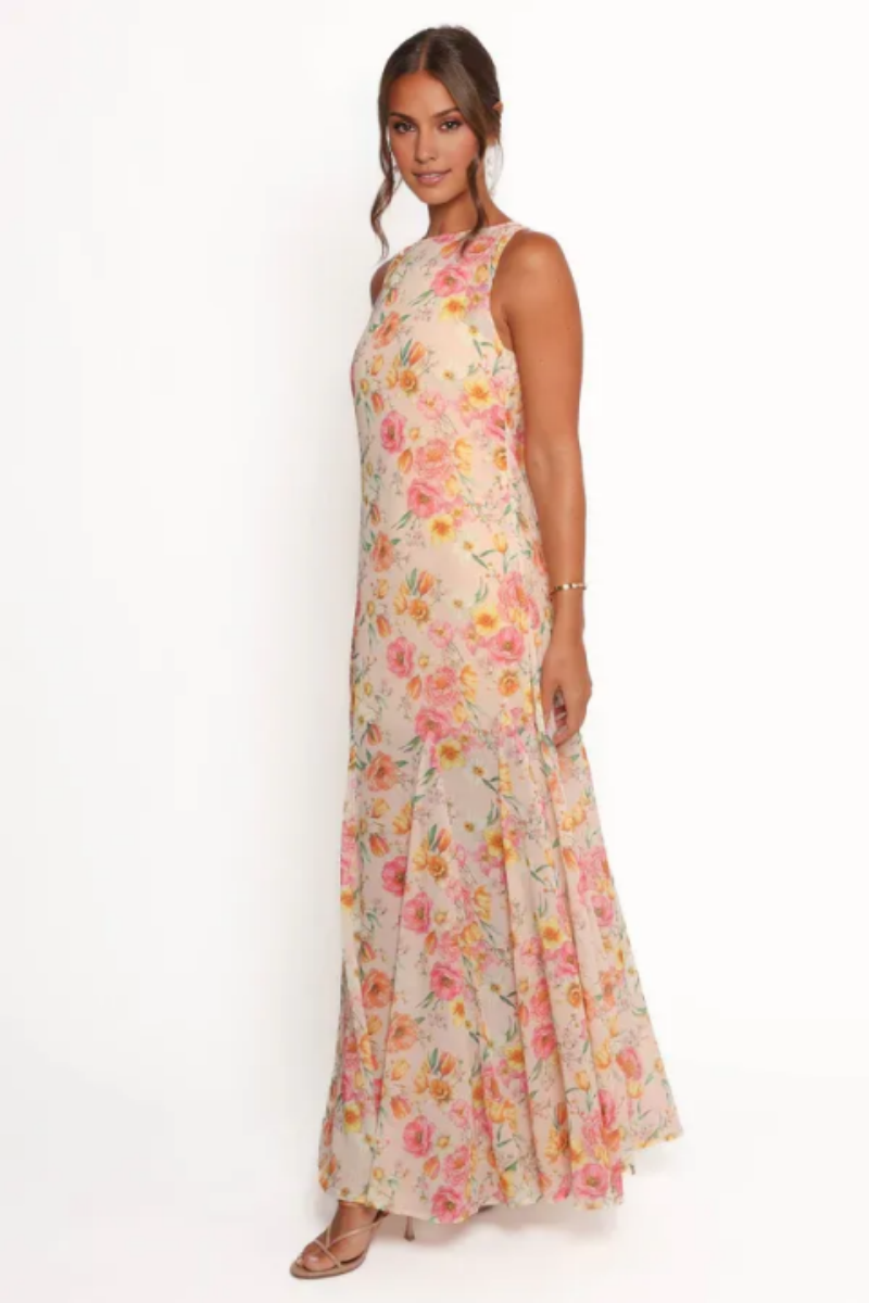 Floral Chiffon Maxi Dress Sleeveless Back Bow Flowy Long Dress for Wedding Guest