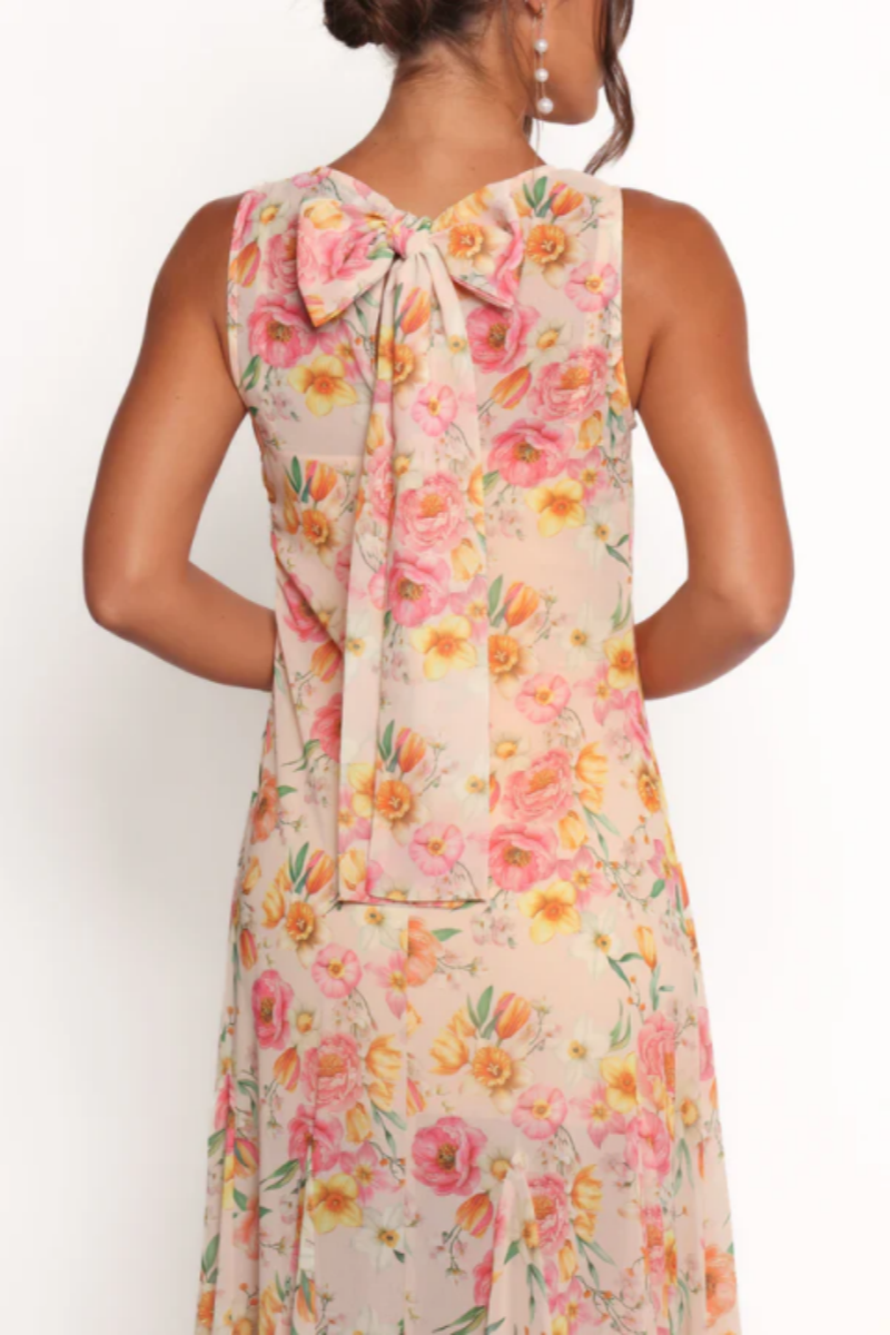 Floral Chiffon Maxi Dress Sleeveless Back Bow Flowy Long Dress for Wedding Guest