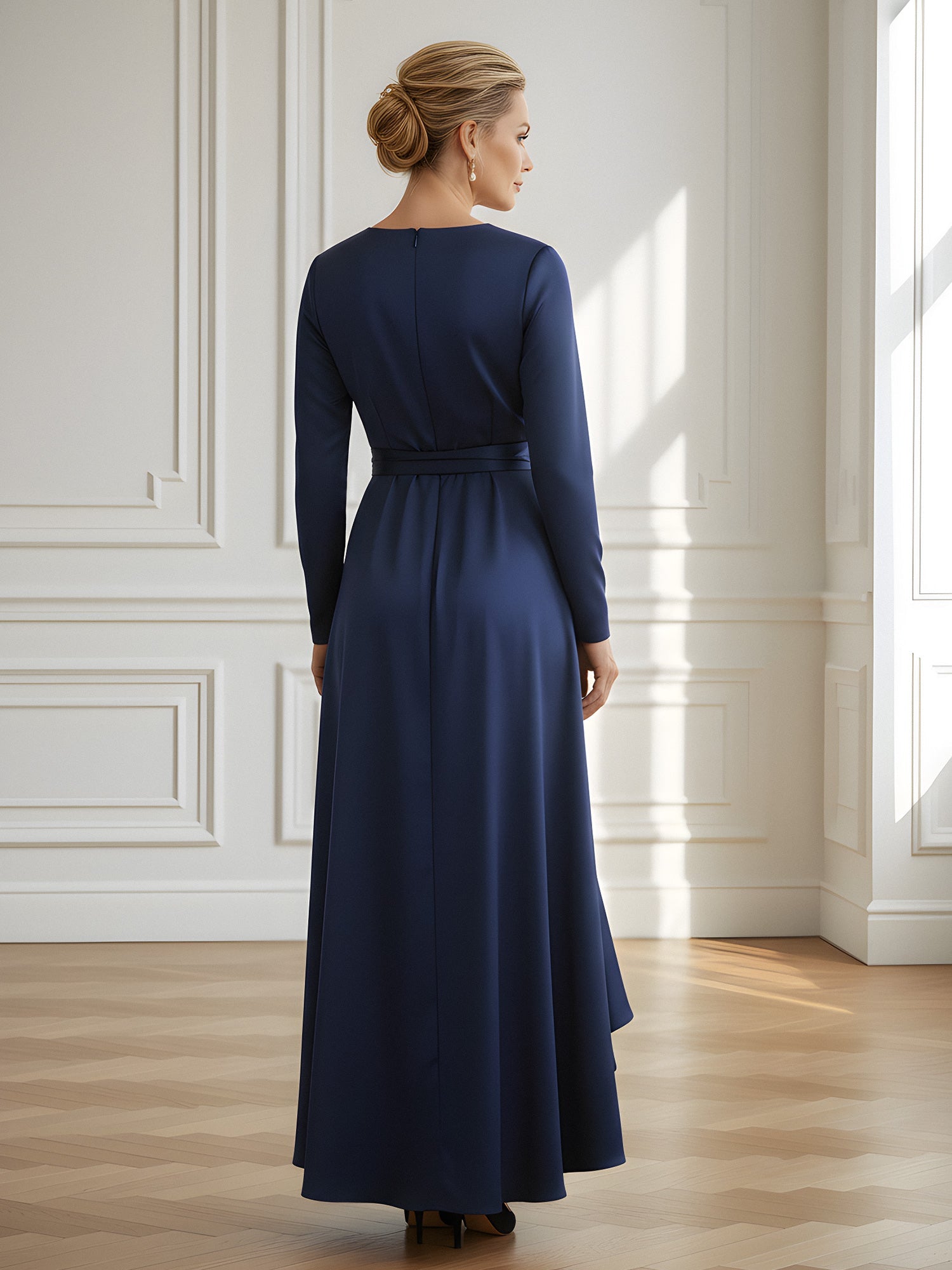 Navy Blue Satin V-Neck Long Sleeve Formal Gown Wrap Bodice Satin Belt High-Low Ruffle Hem Maxi Dress for Mother of the Bride and Black-Tie Events