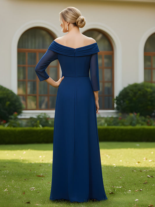 Elegant Navy Blue V-Neck Chiffon Long Sleeve Beaded Waist Ruffle Evening Gown Mother of the Bride Dress