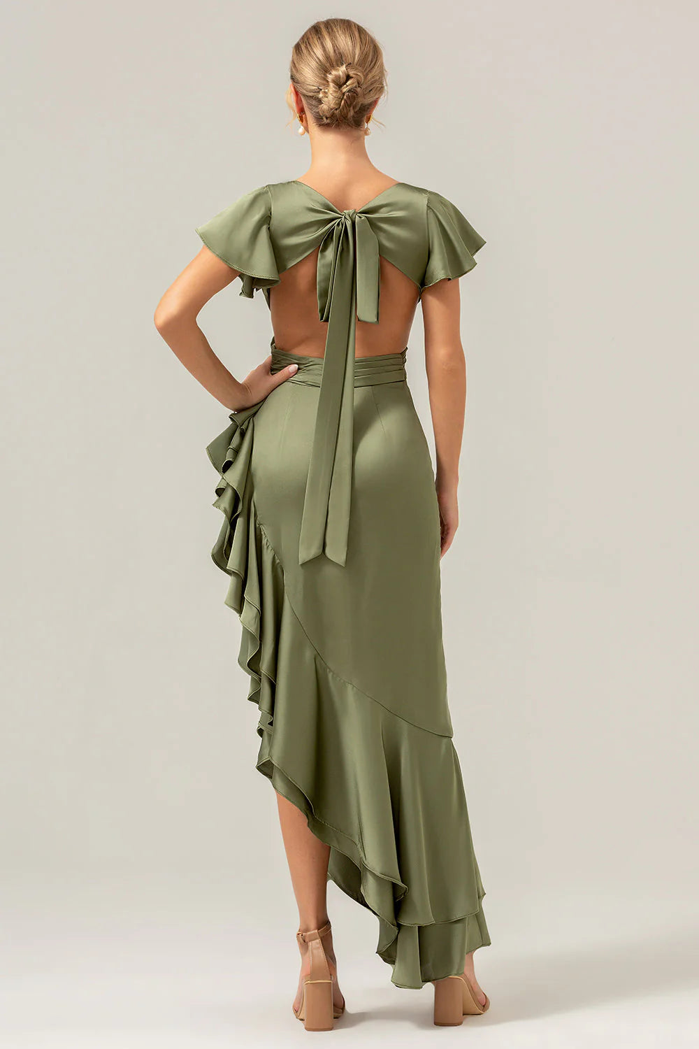 Refined Sheath V-Neck Flutter Sleeve Satin Side-Cutout Ruffle High-Low Formal Wedding Guest Dress