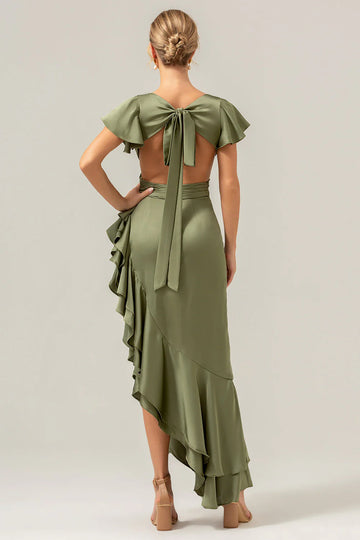 Refined Sheath V-Neck Flutter Sleeve Satin Side-Cutout Ruffle High-Low Formal Wedding Guest Dress