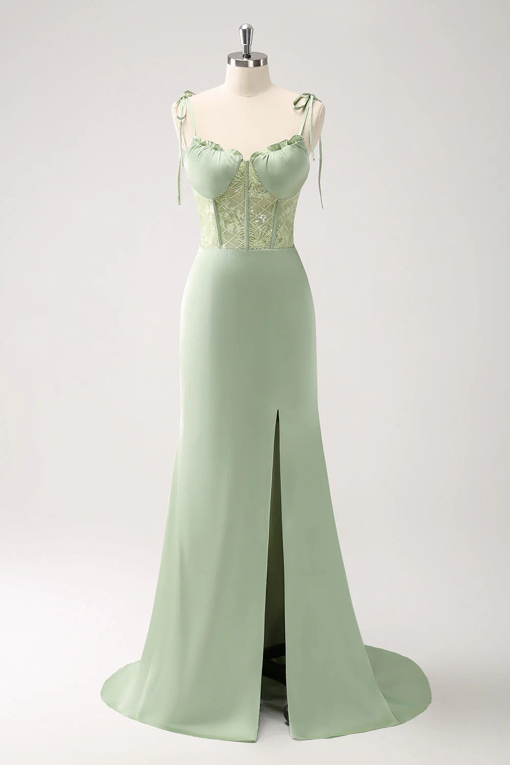 Romantic Sheath V-Neck Sleeveless Satin Lace Corset Tie-Shoulder High-Slit Evening Gown