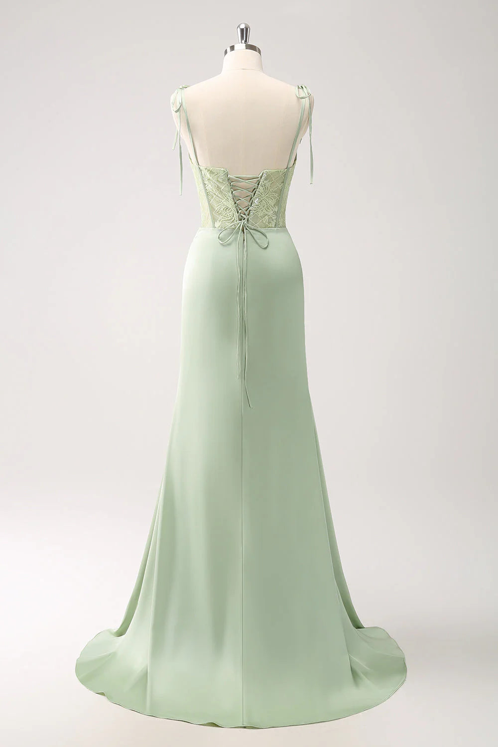 Romantic Sheath V-Neck Sleeveless Satin Lace Corset Tie-Shoulder High-Slit Evening Gown