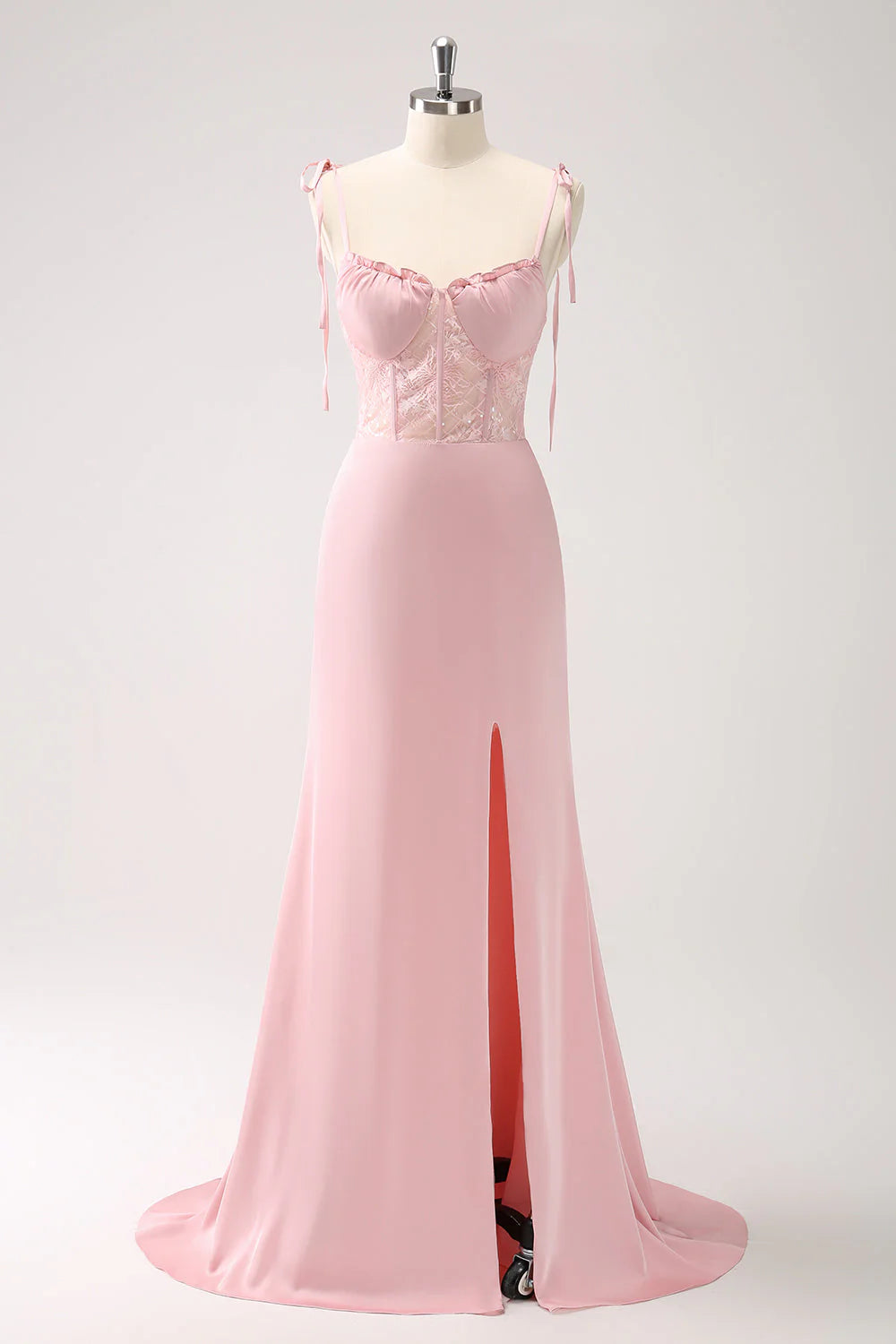 Romantic Sheath V-Neck Sleeveless Satin Lace Corset Tie-Shoulder High-Slit Evening Gown