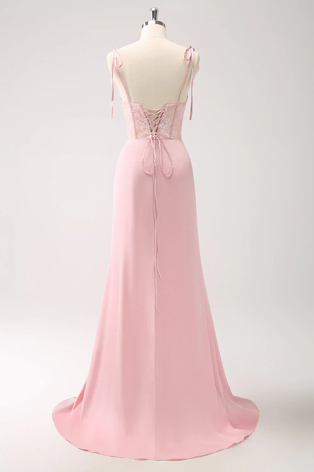Romantic Sheath V-Neck Sleeveless Satin Lace Corset Tie-Shoulder High-Slit Evening Gown