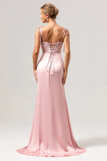 Romantic Sheath V-Neck Sleeveless Satin Lace Corset Tie-Shoulder High-Slit Evening Gown