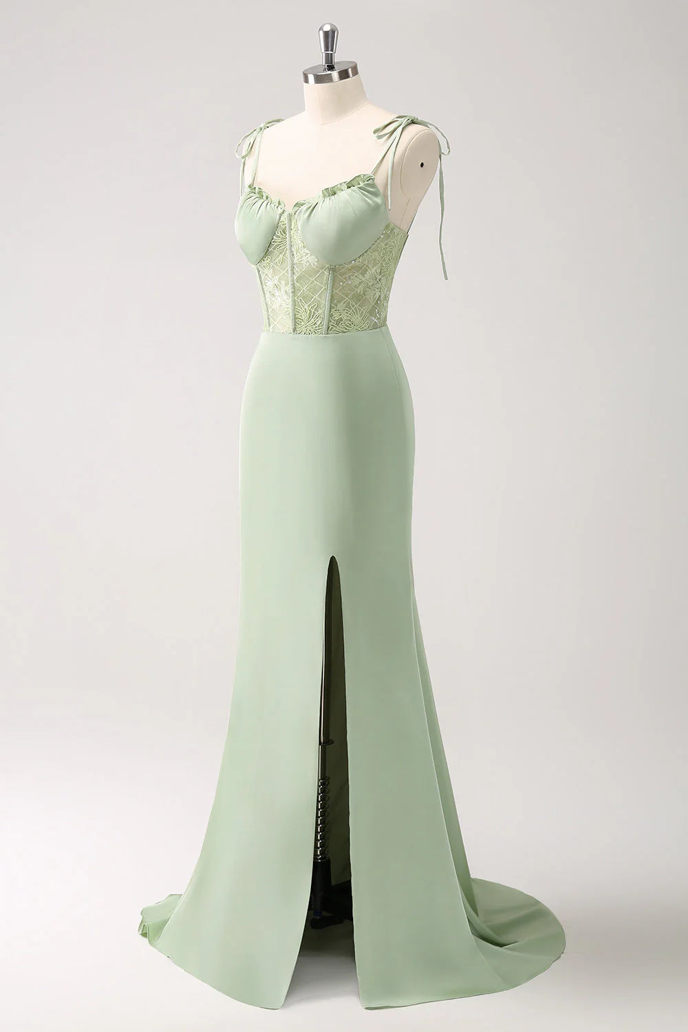 Romantic Sheath V-Neck Sleeveless Satin Lace Corset Tie-Shoulder High-Slit Evening Gown