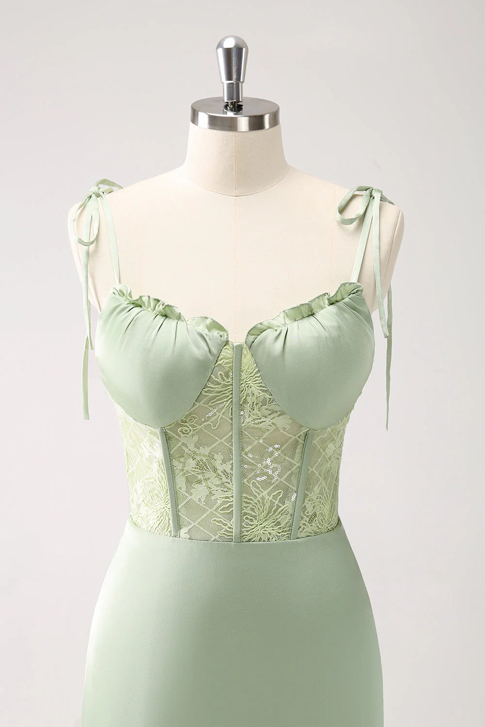 Romantic Sheath V-Neck Sleeveless Satin Lace Corset Tie-Shoulder High-Slit Evening Gown