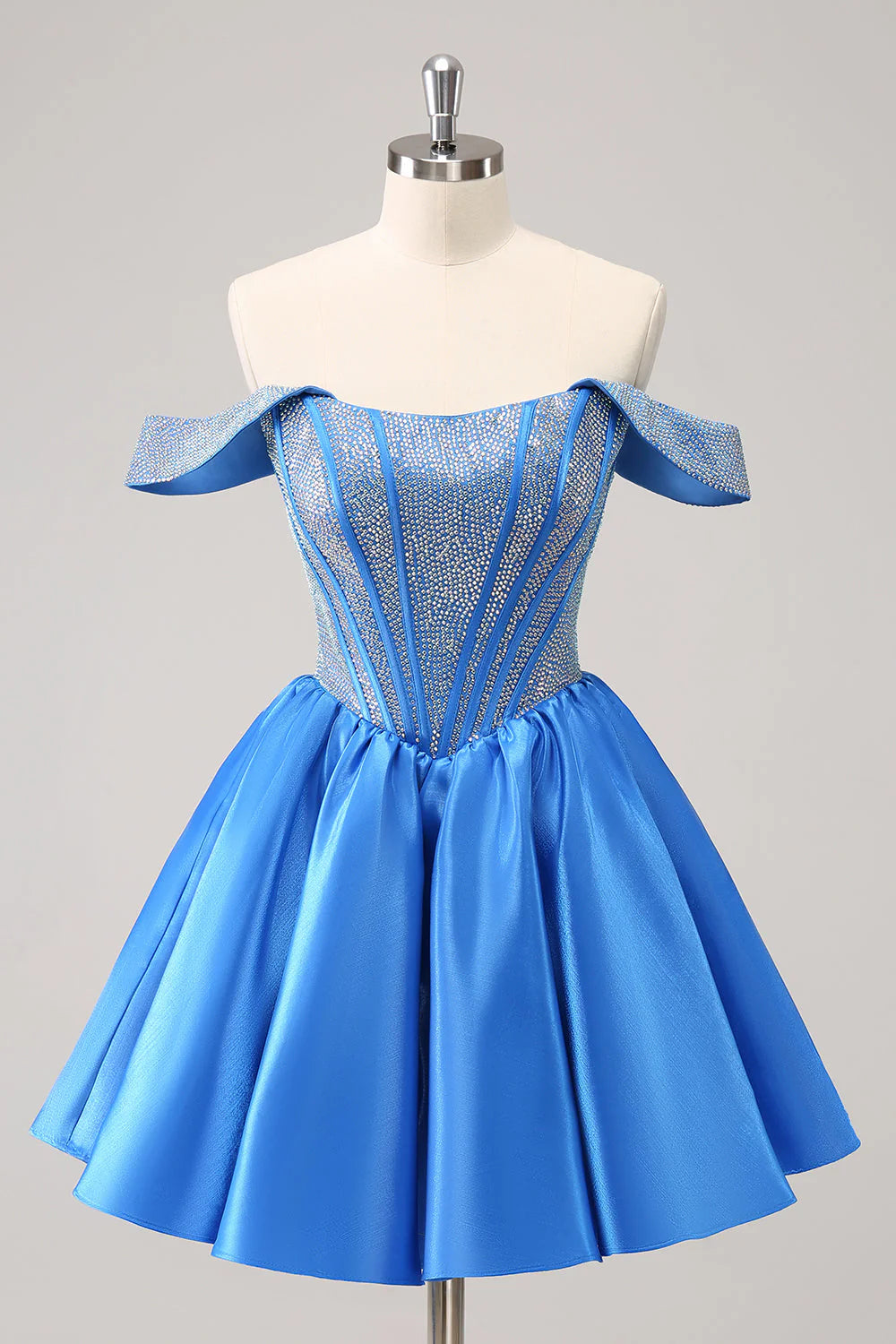 Glamorous A-Line Off-Shoulder Sleeveless Satin Rhinestone Corset Bodice Homecoming Dress