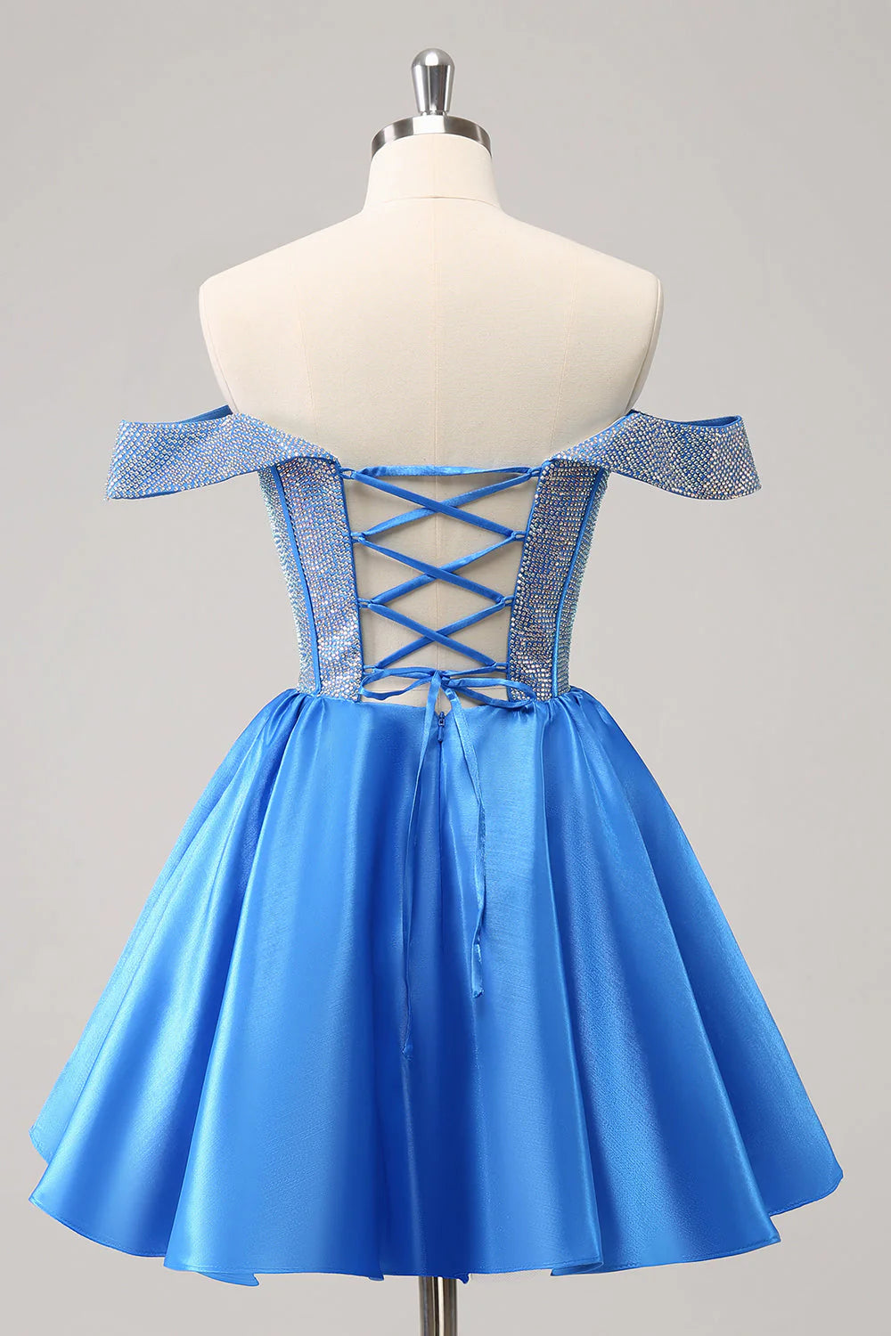 Glamorous A-Line Off-Shoulder Sleeveless Satin Rhinestone Corset Bodice Homecoming Dress