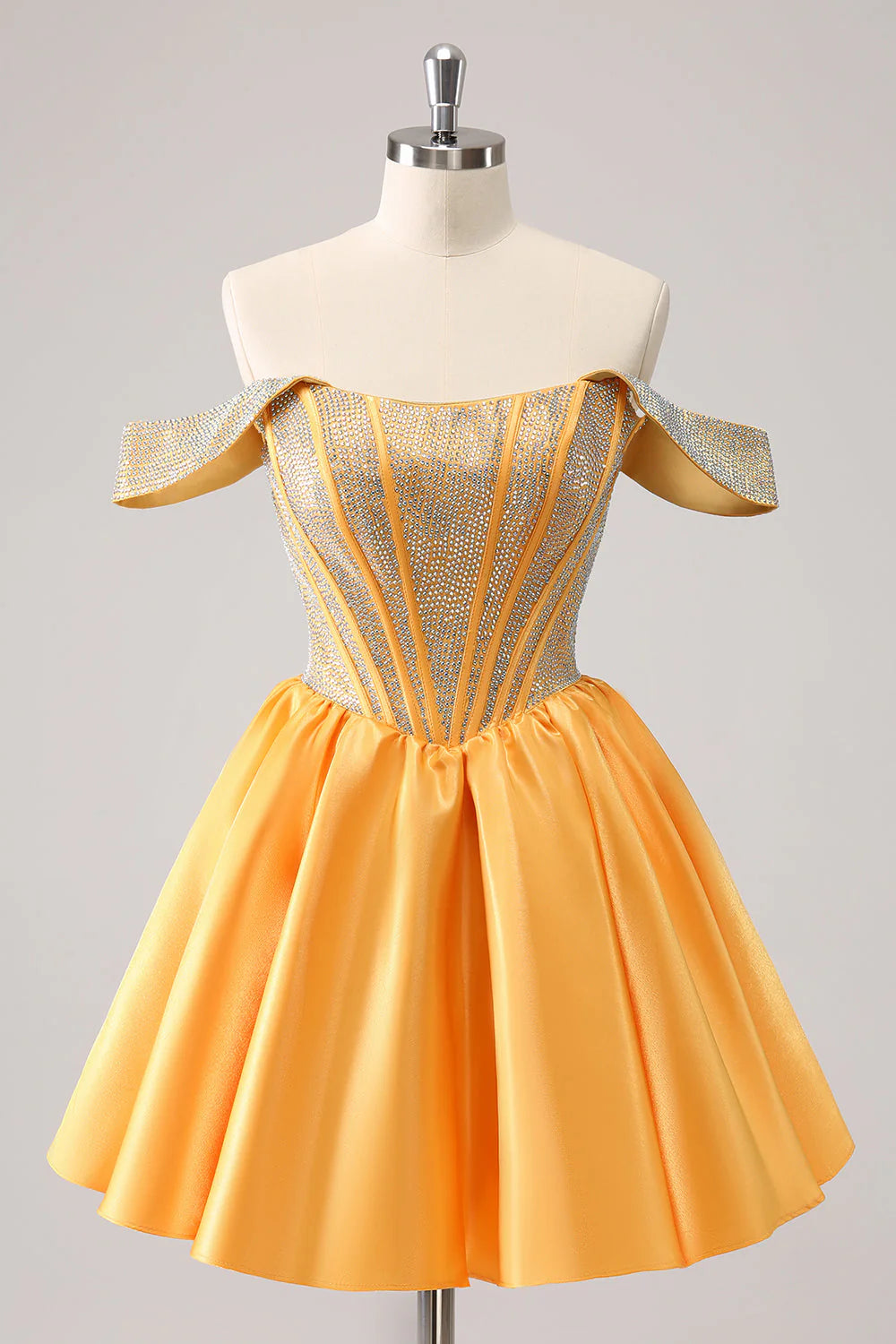 Glamorous A-Line Off-Shoulder Sleeveless Satin Rhinestone Corset Bodice Homecoming Dress
