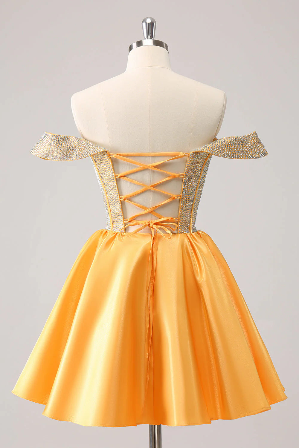 Glamorous A-Line Off-Shoulder Sleeveless Satin Rhinestone Corset Bodice Homecoming Dress