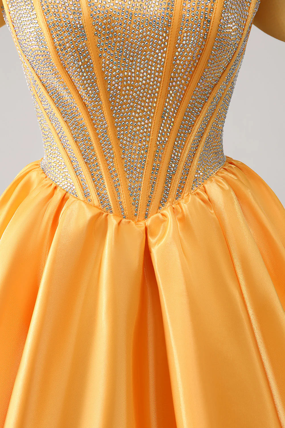 Glamorous A-Line Off-Shoulder Sleeveless Satin Rhinestone Corset Bodice Homecoming Dress