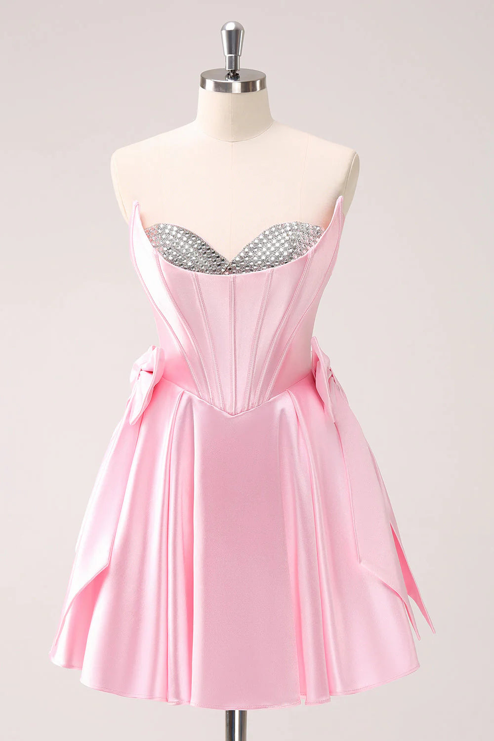 Strapless Satin Homecoming Dress Corset Bodice Bow Accent Short Gown