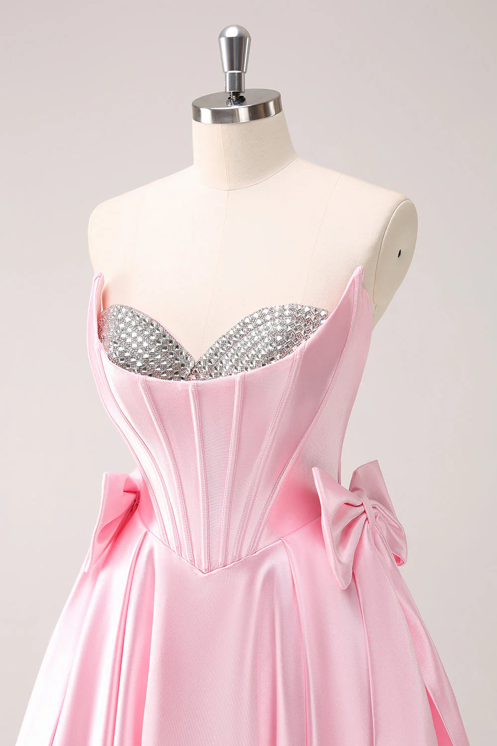 Strapless Satin Homecoming Dress Corset Bodice Bow Accent Short Gown