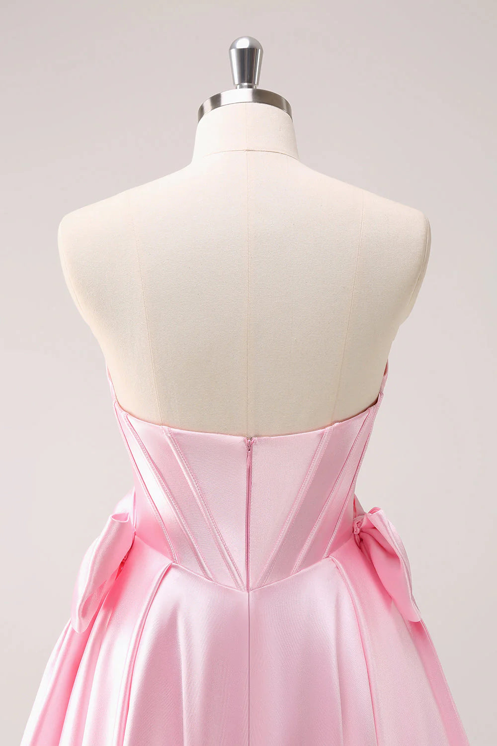 Strapless Satin Homecoming Dress Corset Bodice Bow Accent Short Gown