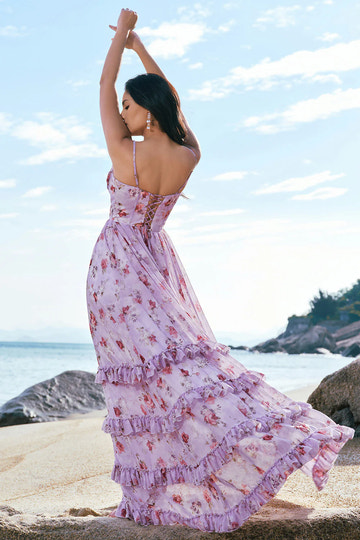 Dreamy A-Line Sweetheart Neck Sleeveless Chiffon Floral Tiered Ruffle Lace-Up Evening Gown